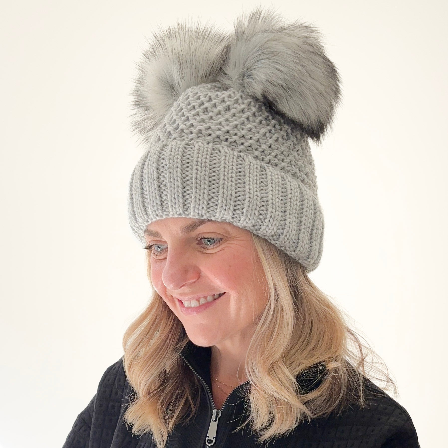 Grey Birdseye Knit Beanie with Rib Cuff and 2 oversized faux fur pom poms