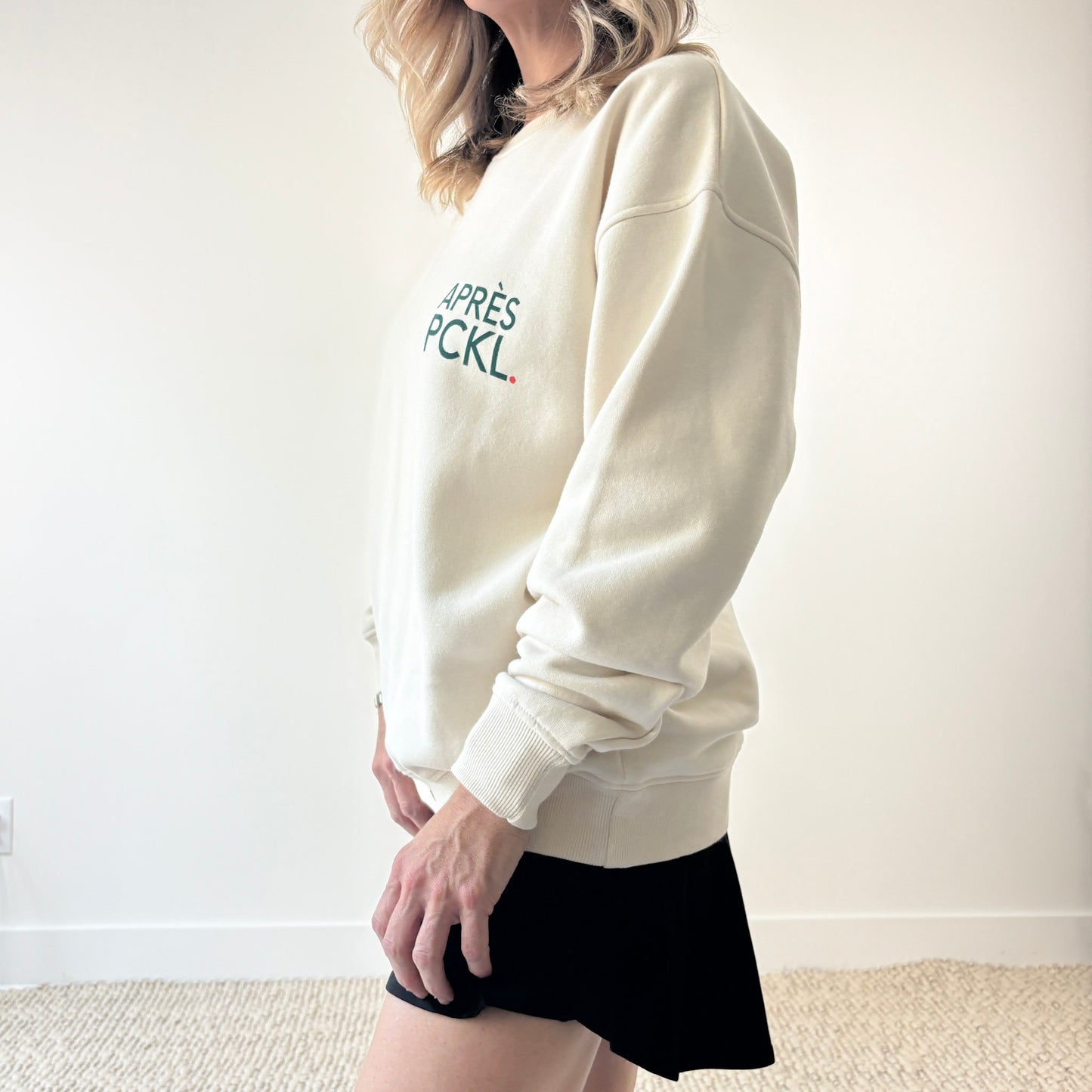 Ivory crew neck fleece sweatshirt with dark green après pckl. pickleball chest print