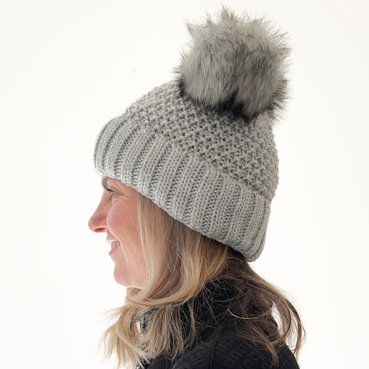 Grey Birdseye Knit Beanie with Rib Cuff and 2 oversized faux fur pom poms