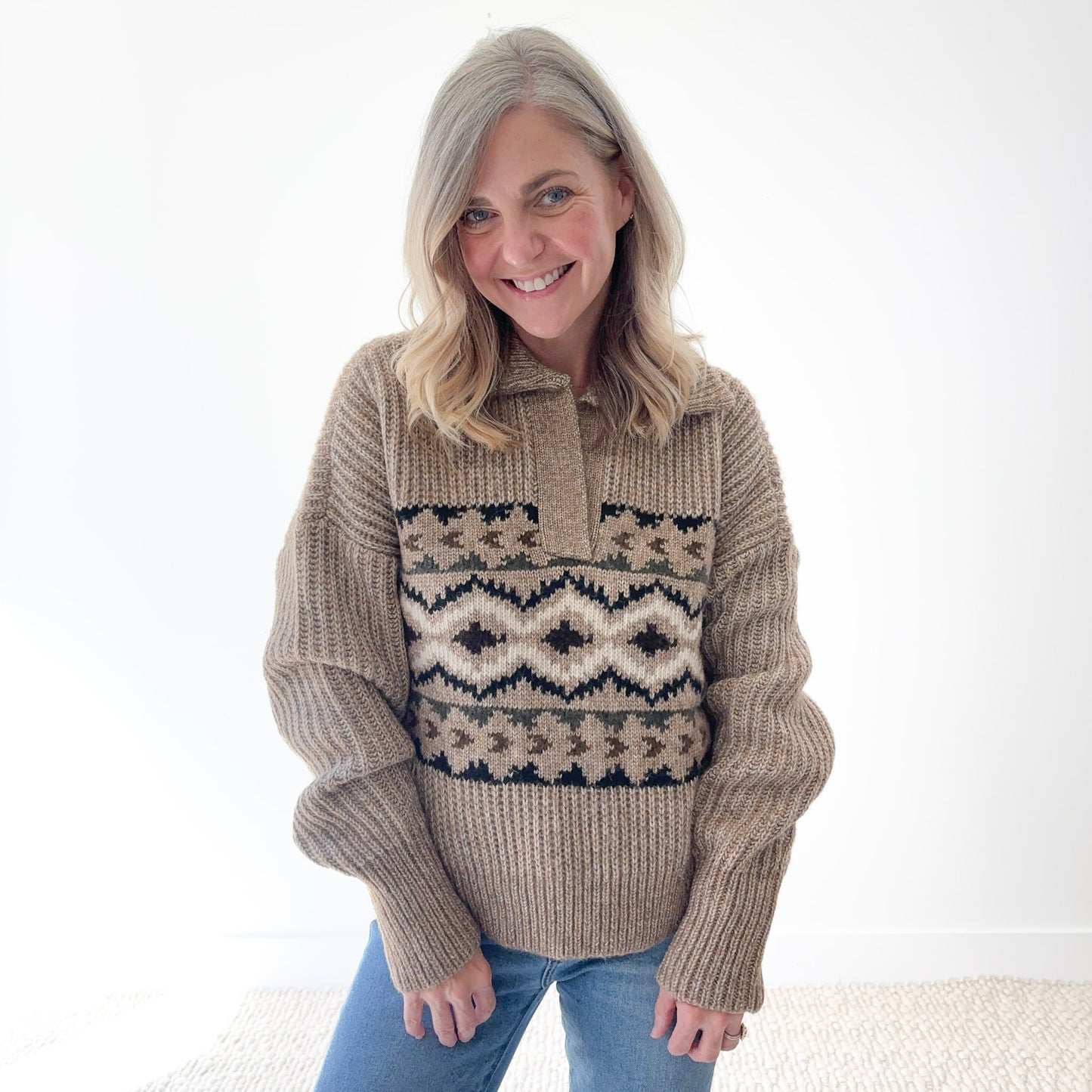 Heathered tan women's collared pullover fairisle sweater