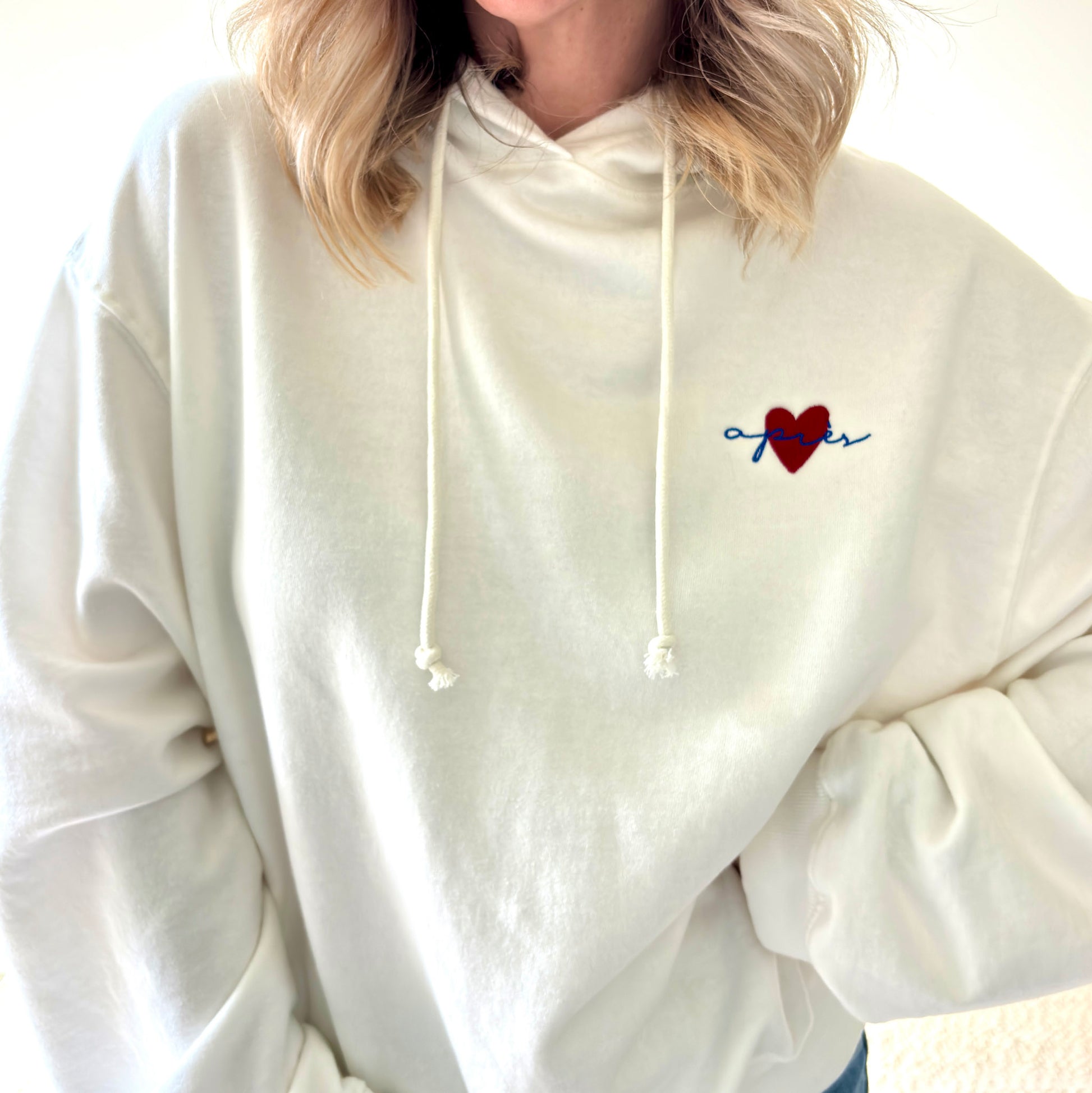 Women's ivory pullover hooded oversized light weight fleece sweatshirt with script après and heart embroidery