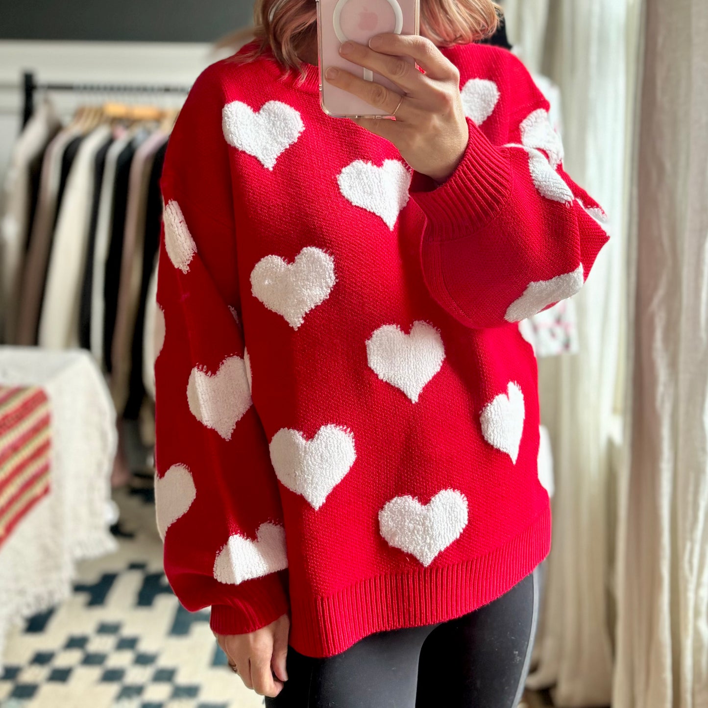 Red Valentine's Day Hip Length Heavyweight Crewneck Sweater with Ivory Chenille Hearts