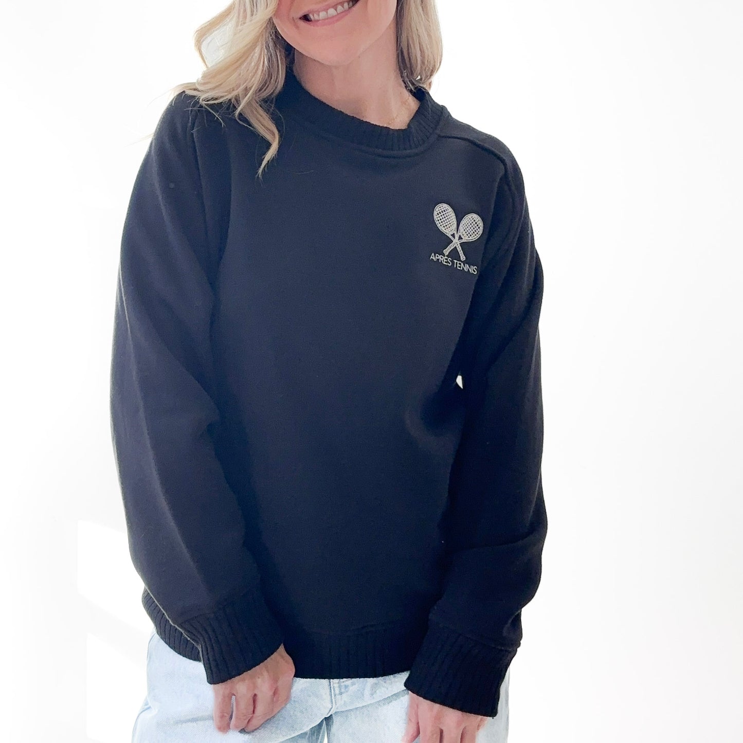 Black rib inset sweatshirt with apres tennis and tennis racket left chest embroidery