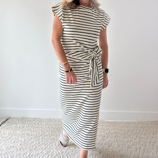 Women's navy and white striped self tie knit midi short sleeve dress