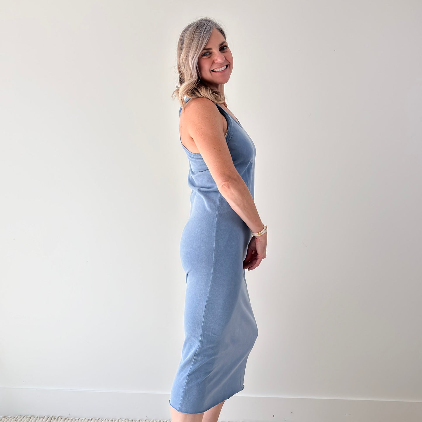 Women's grey blue knit tank racerback fitted midi dress with raw hem
