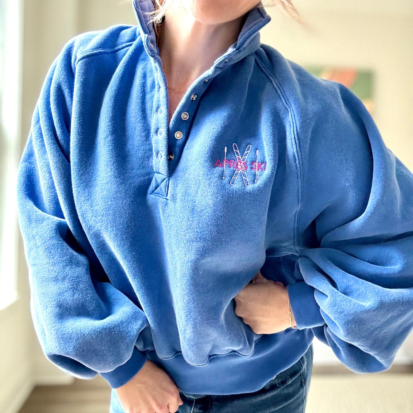 Cobalt Blue Apres Ski Embroidery Oversized Sweatshirt with Balloon Sleeve