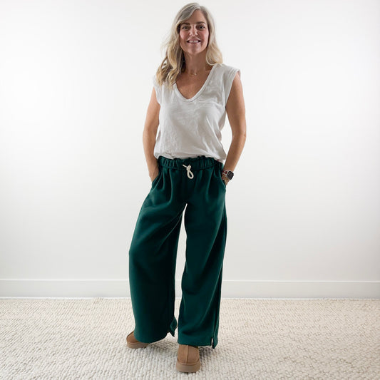 Fleece Wide Leg Fold Over Waist Drawstring Pant