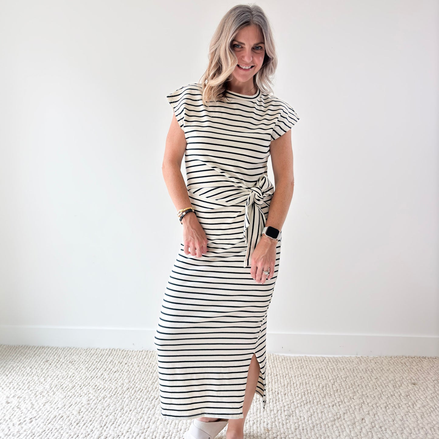 Women's navy and white striped self tie knit midi short sleeve dress