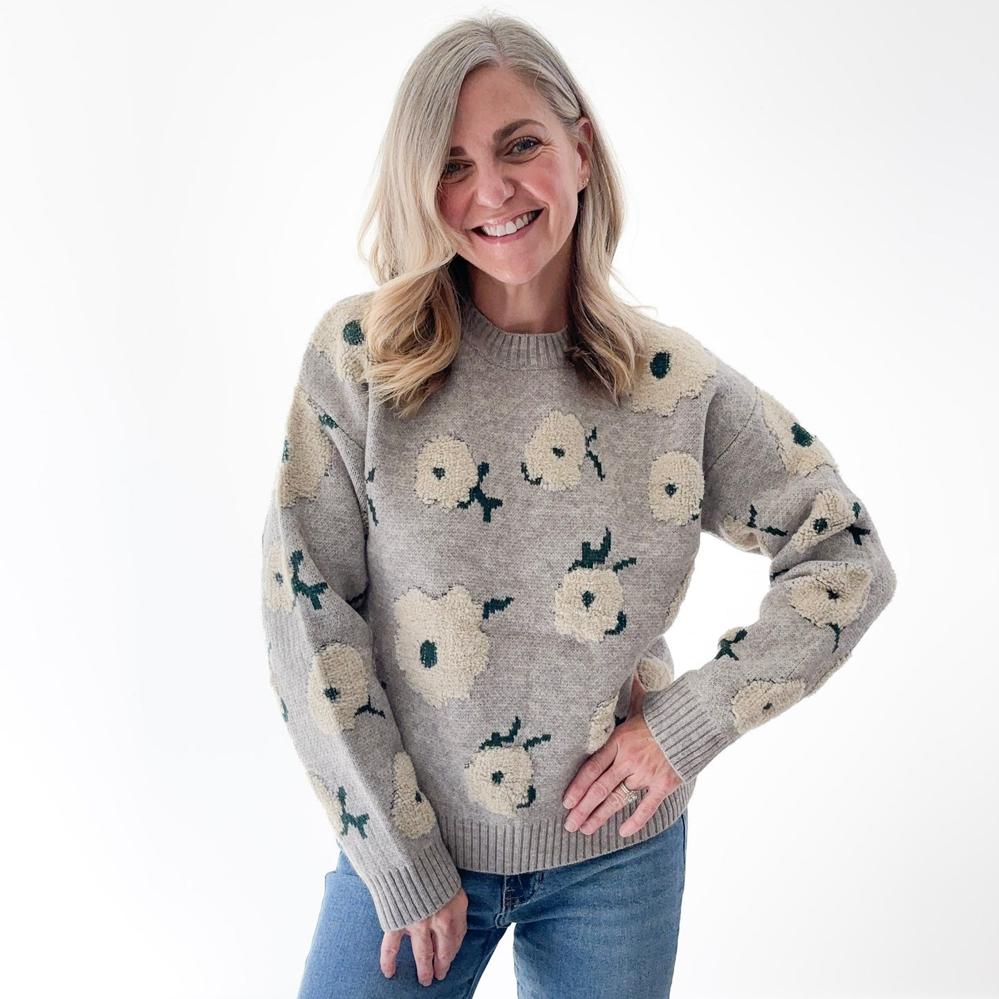 Grey with Ivory Textured Flowers Crewneck Sweater