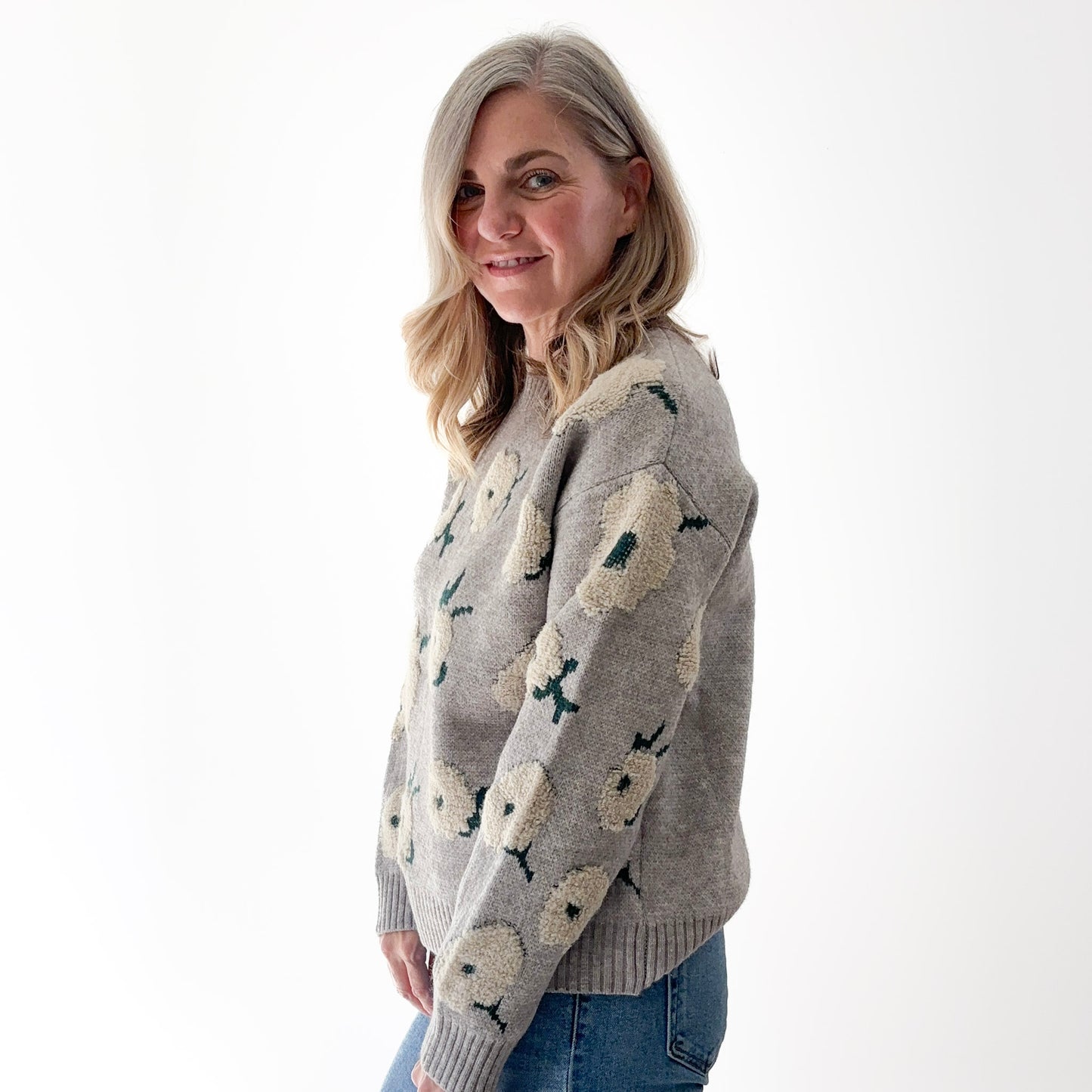 Grey with Ivory Textured Flowers Crewneck Sweater