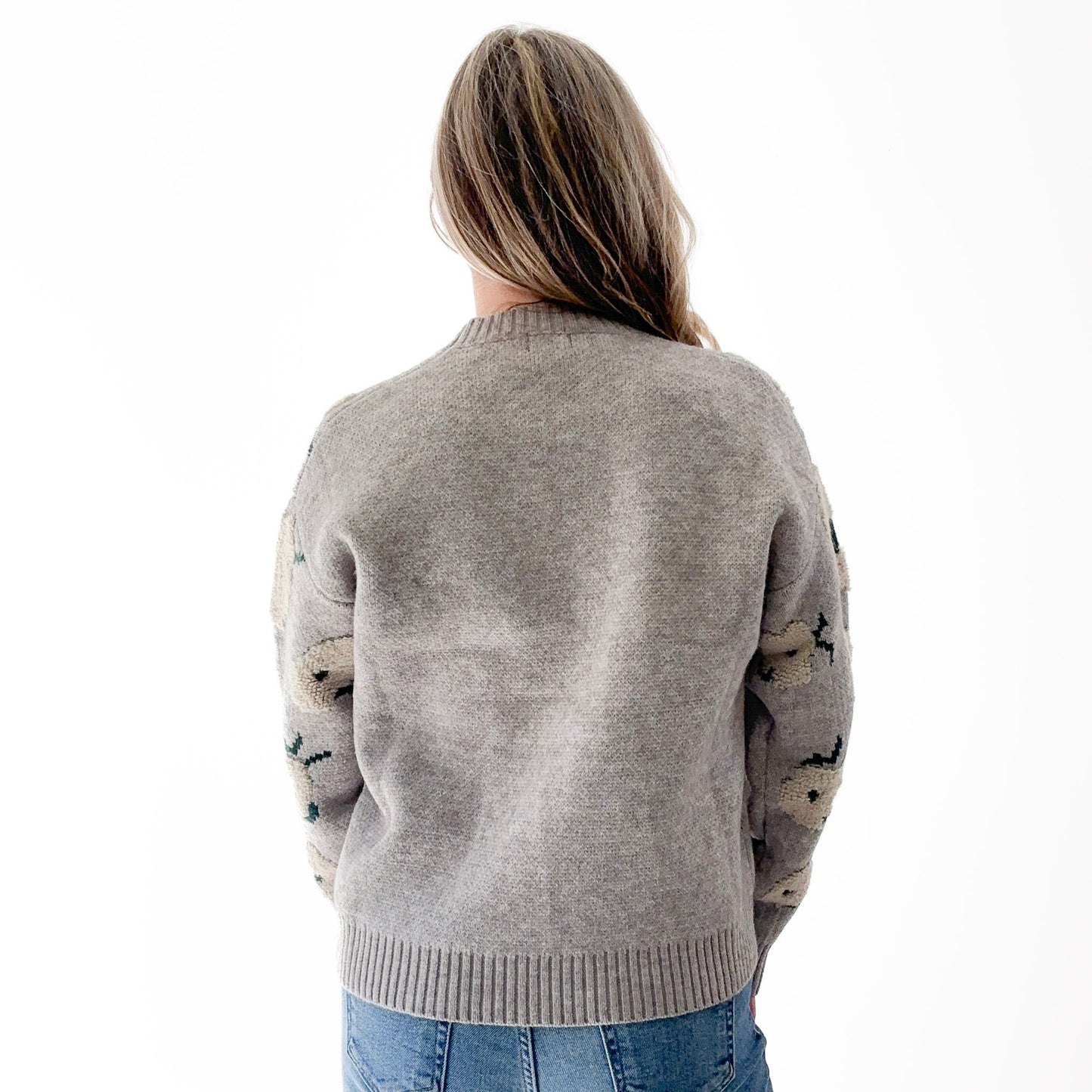 Grey with Ivory Textured Flowers Crewneck Sweater