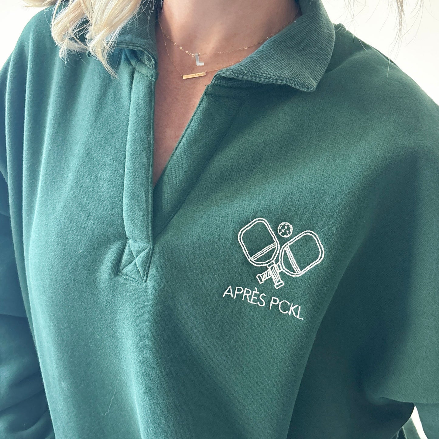 Heather oatmeal oversized collared sweatshirt with après pckl pickleball paddle embroidery