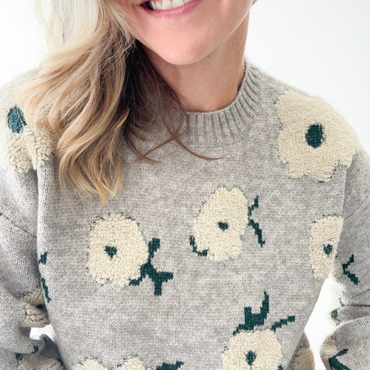 Grey with Ivory Textured Flowers Crewneck Sweater