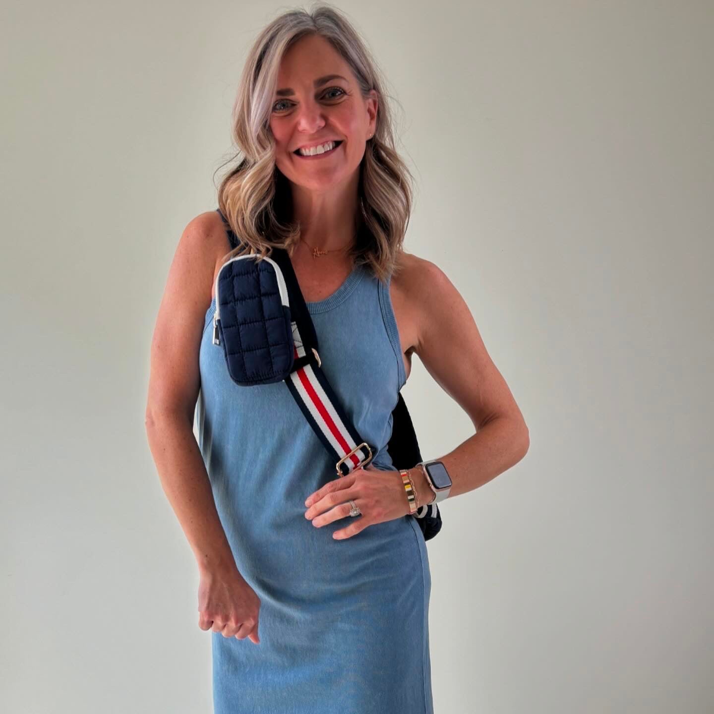 Quilted Cross Body Pickleball Bag Navy with Red and White Striped Strap