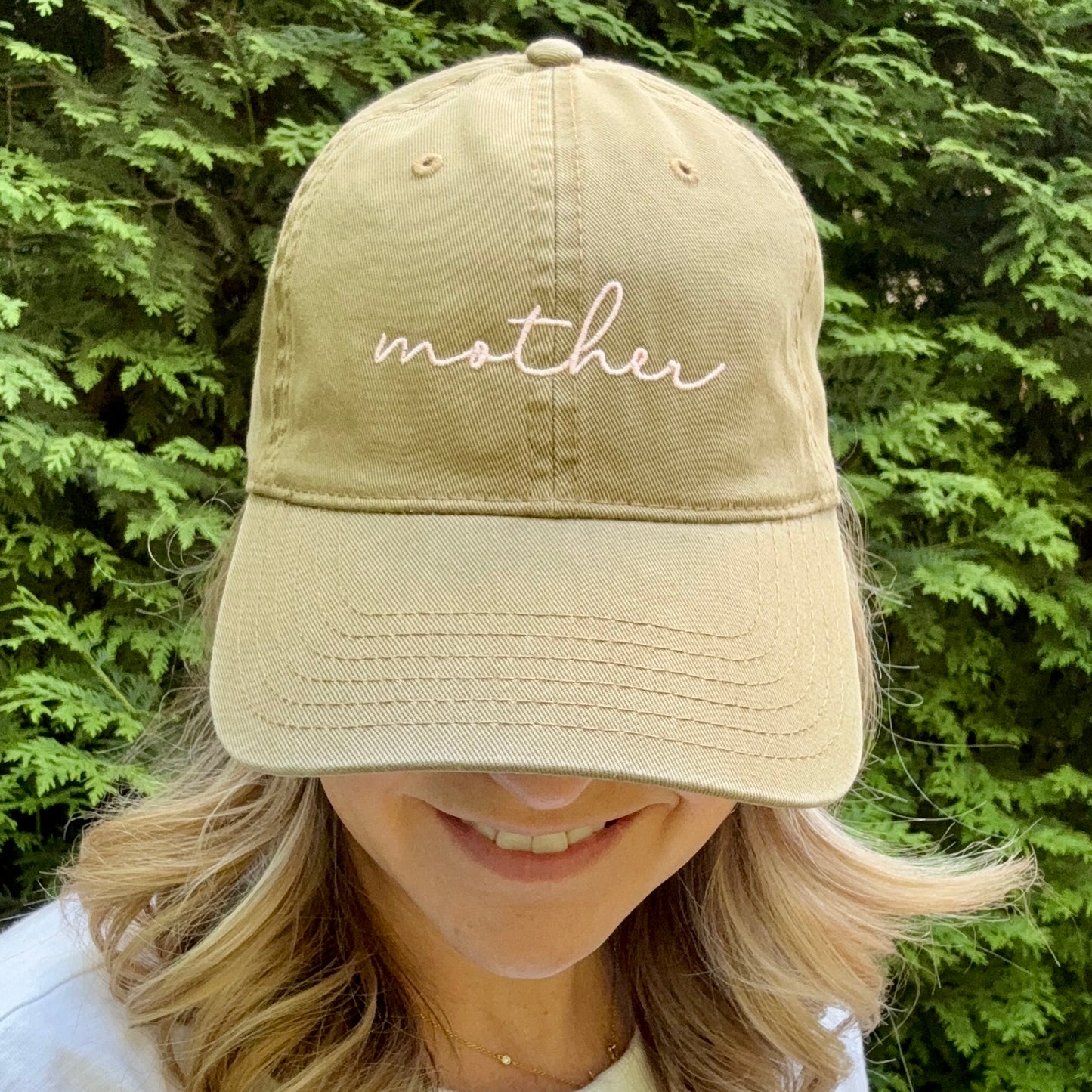 Tan cotton dad hat with back adjuster and light pink mother embroidery 
