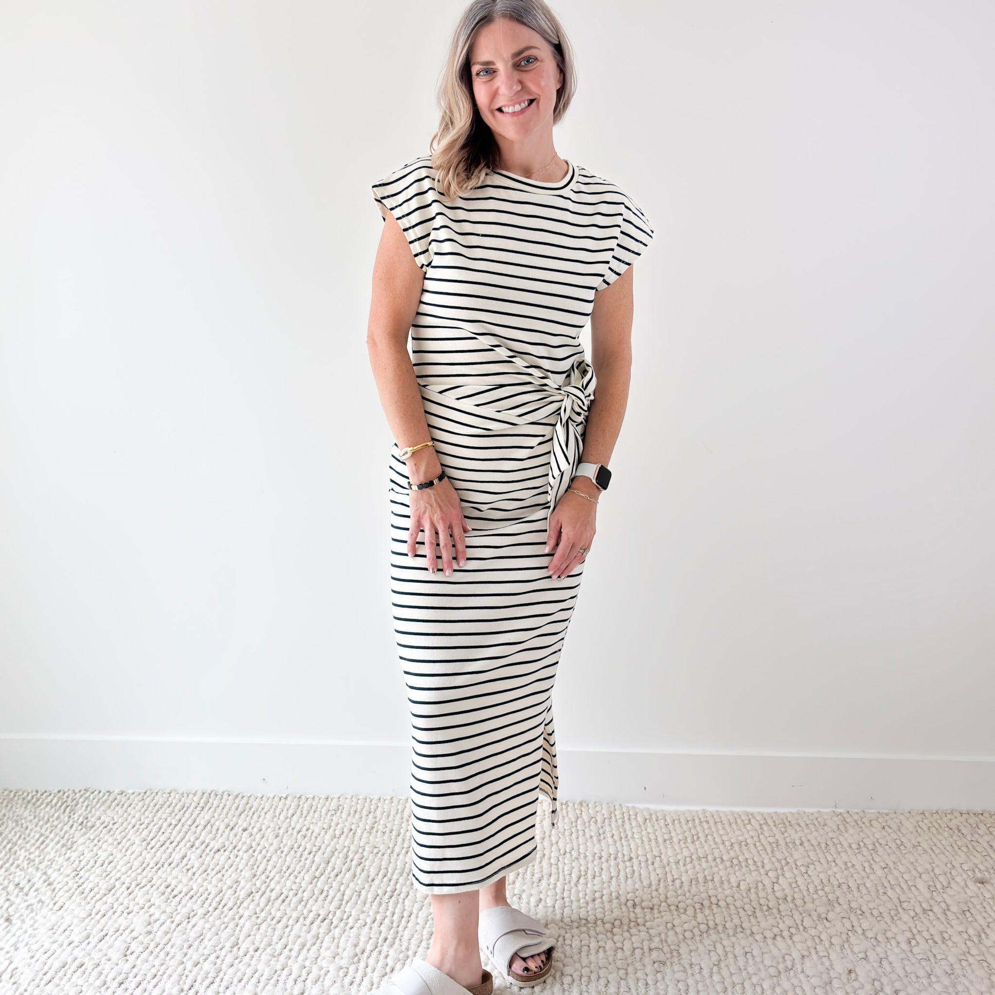 Women's navy and white striped self tie knit midi short sleeve dress