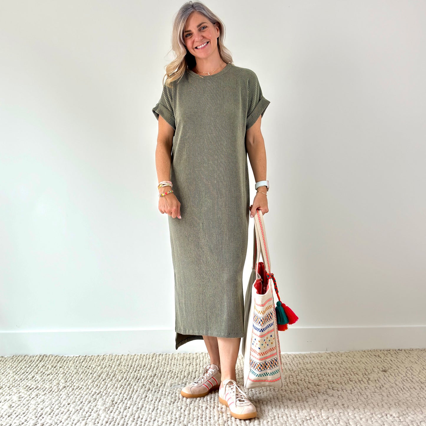 Women's Olive Textured Rib Short Sleeve High Low Midi Dress