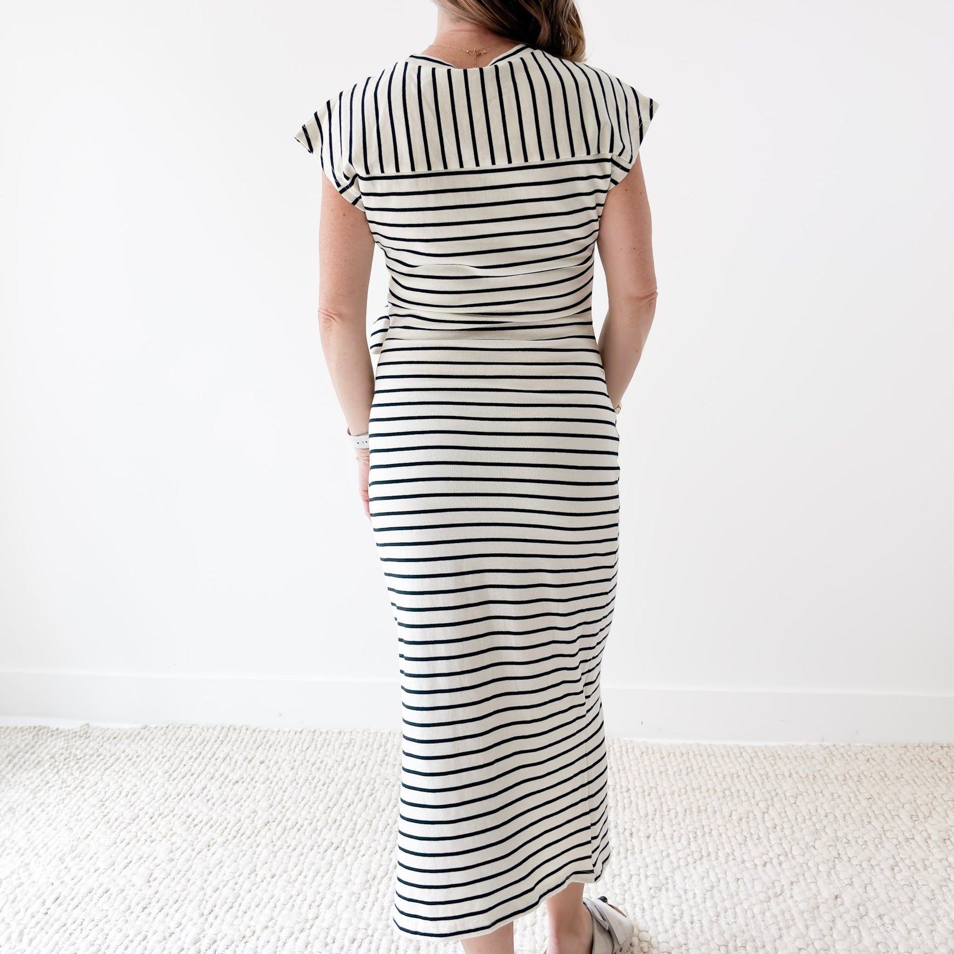 Women's navy and white striped self tie knit midi short sleeve dress