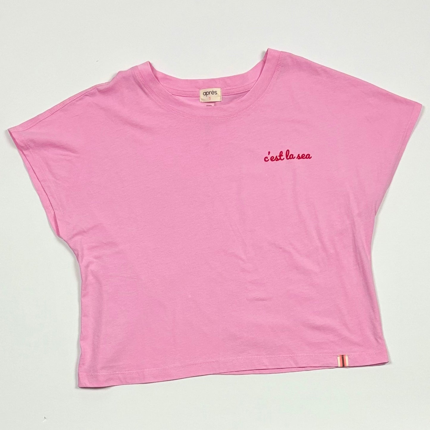 Pink short sleeve ultra soft tee with red c'est la sea left chest graphic