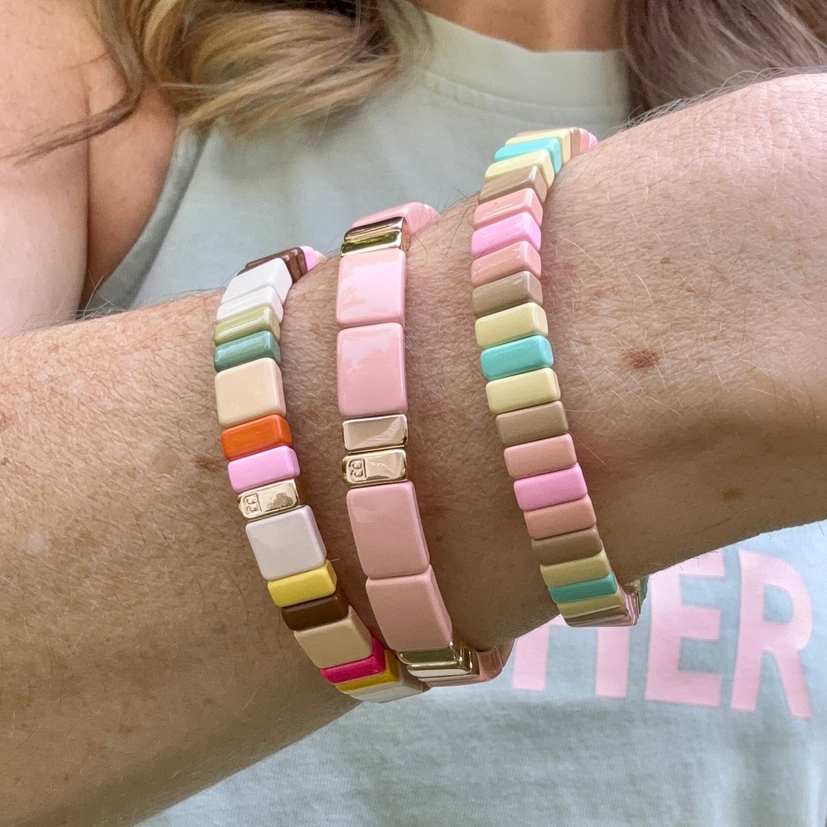 Square tile pastel multi color and cold stretch bracelet stack