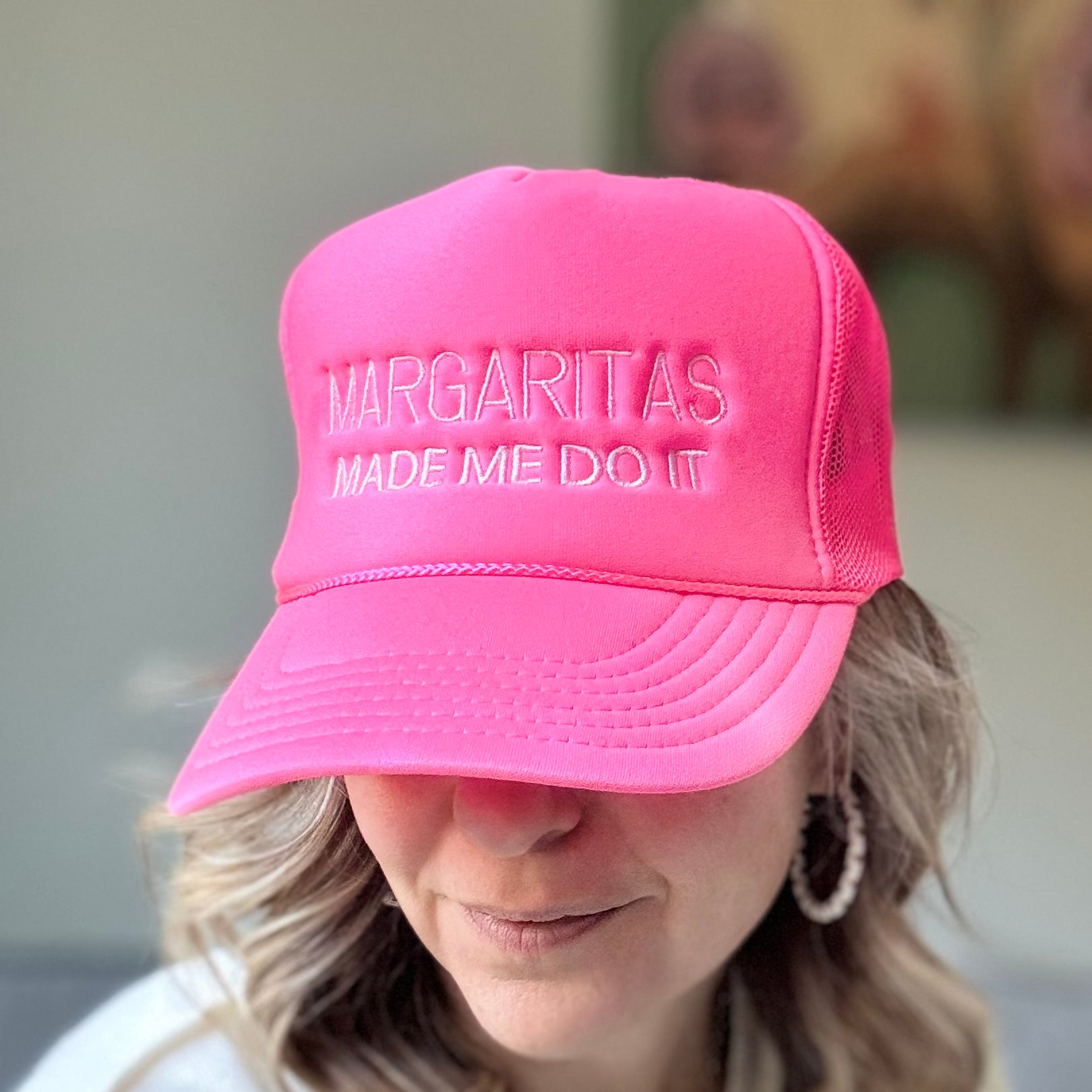 Neon pink with light pink embroidered margaritas made me do it high profile trucker hat