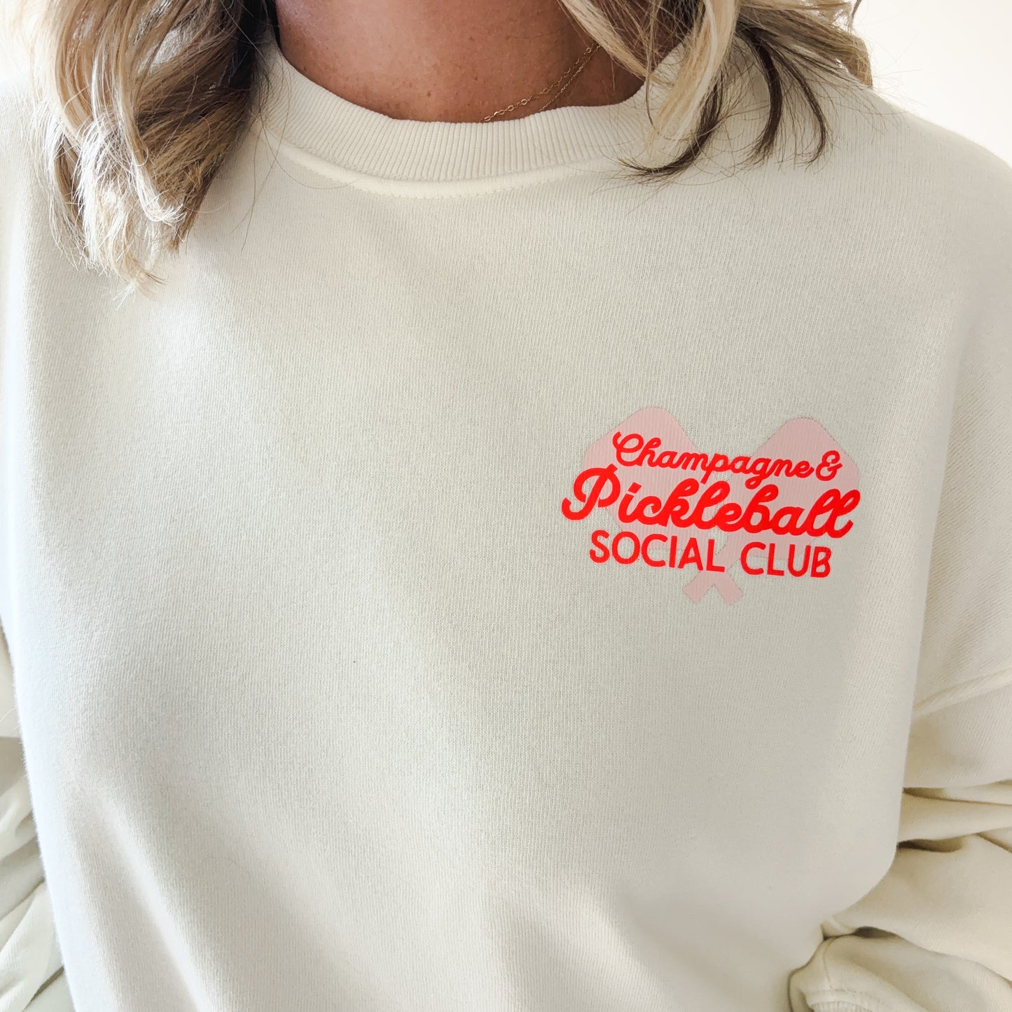 Ivory Champagne & Pickleball Social Club Long Sleeve Raw Edge Sweatshirt