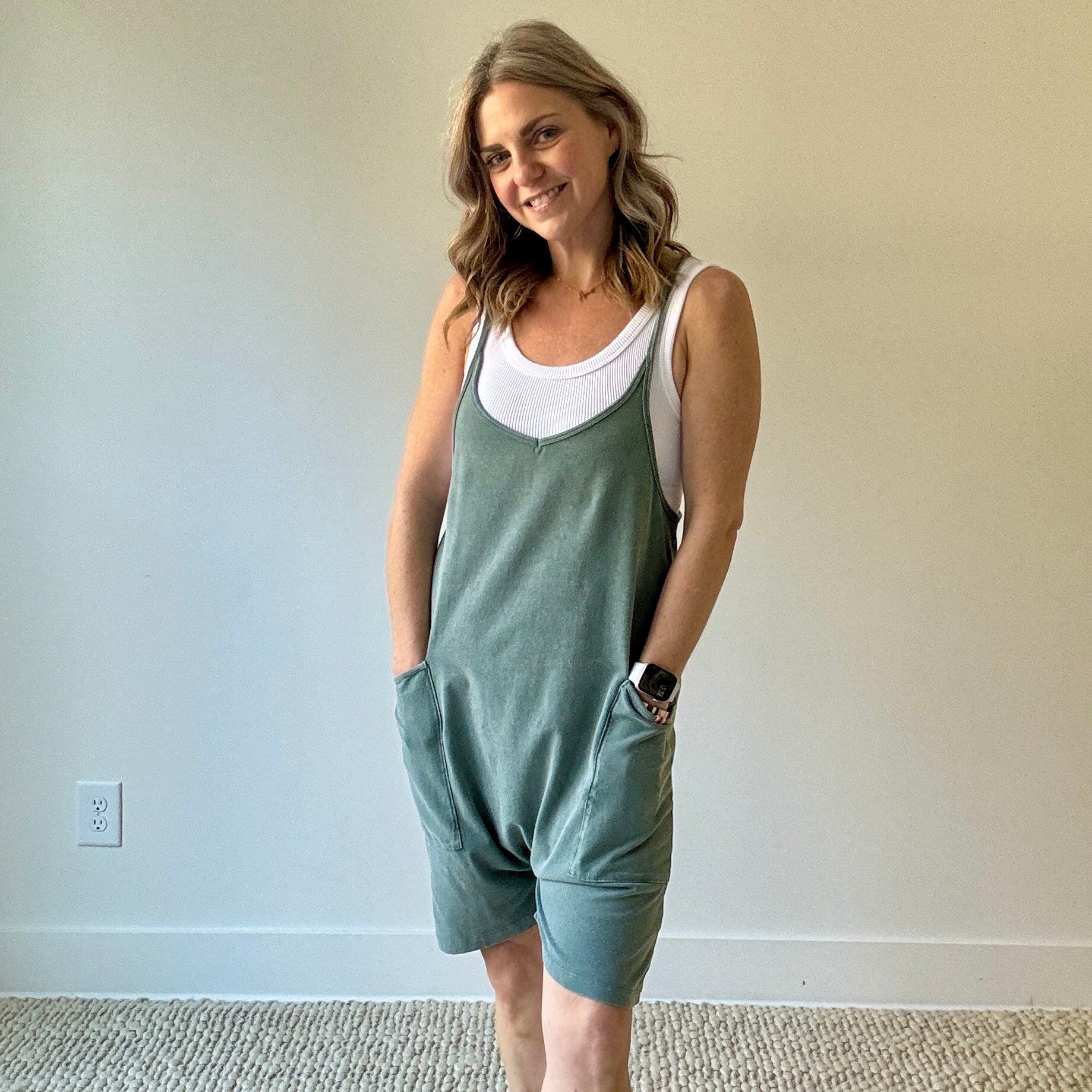 Women's mineral wash grey green easy knit short romper with pockets