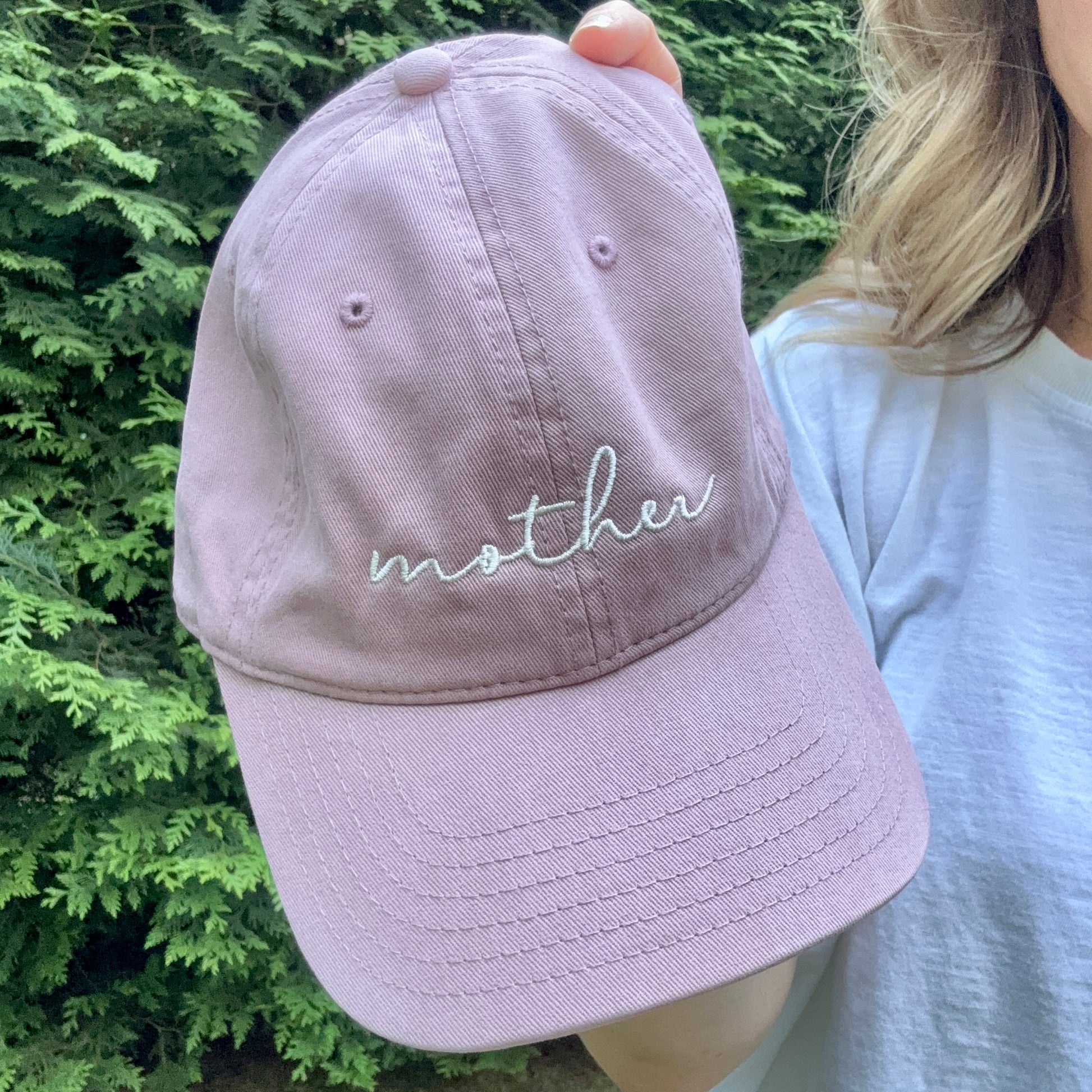 Light pink cotton dad hat with back adjuster and ivory mother embroidery