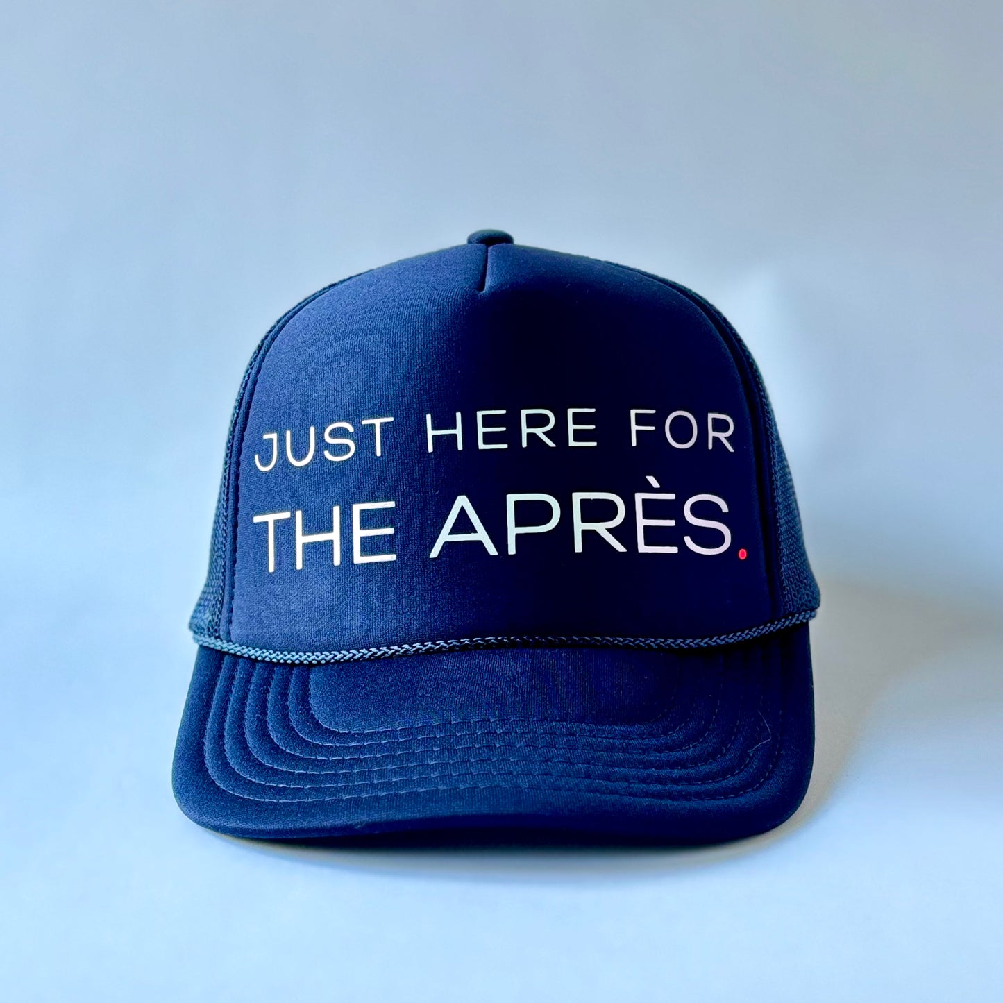Navy Blue Mid Profile Women's Trucker Hat with Just Here for the Apres Ivory Pearl Print