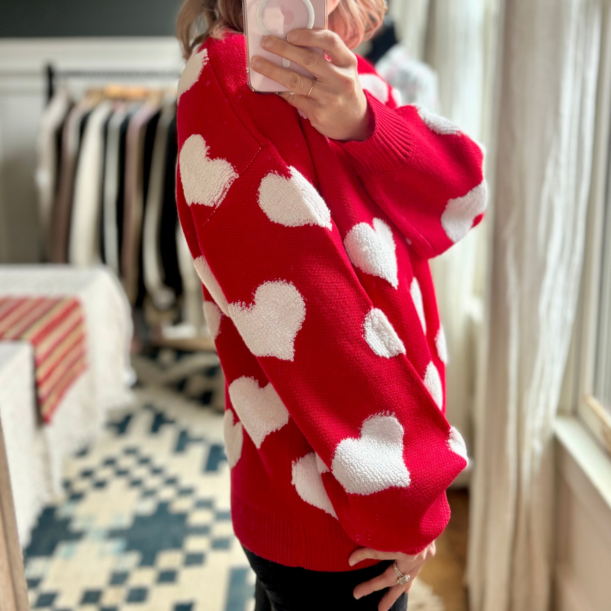 Red Valentine's Day Hip Length Heavyweight Crewneck Sweater with Ivory Chenille Hearts