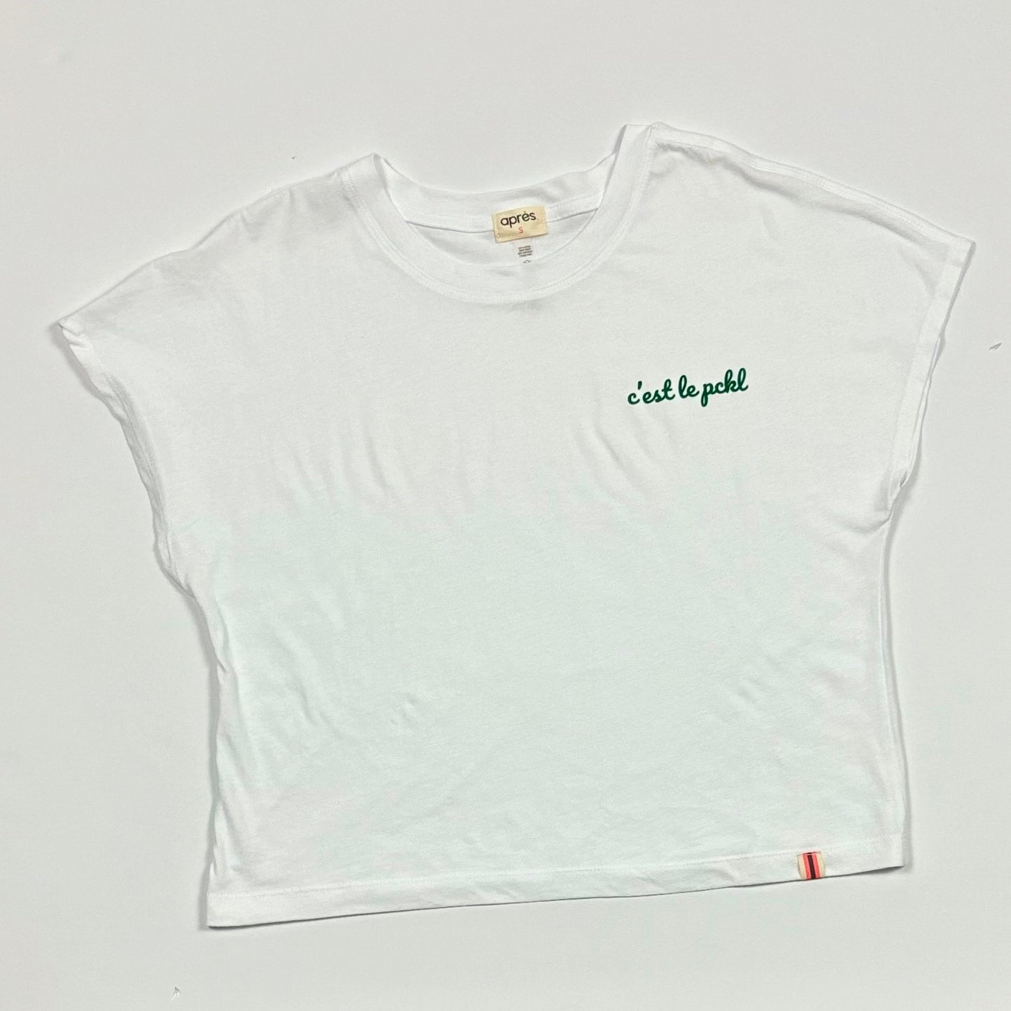 White short sleeve ultra soft t-shirt with green c'est le pickleball left chest graphic