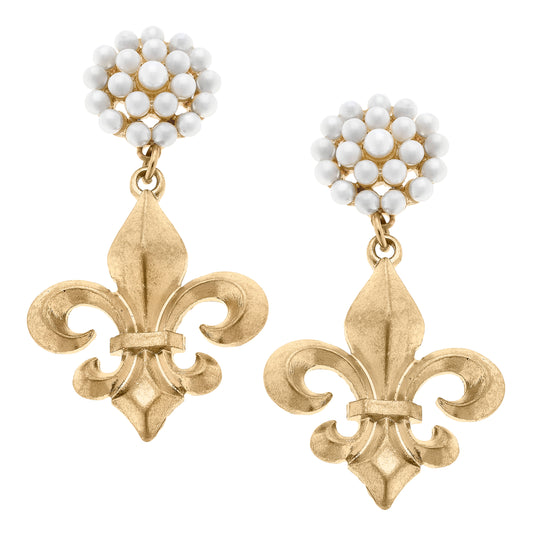 Pearl Cluster Gold Fleur de Lis Drop Earring