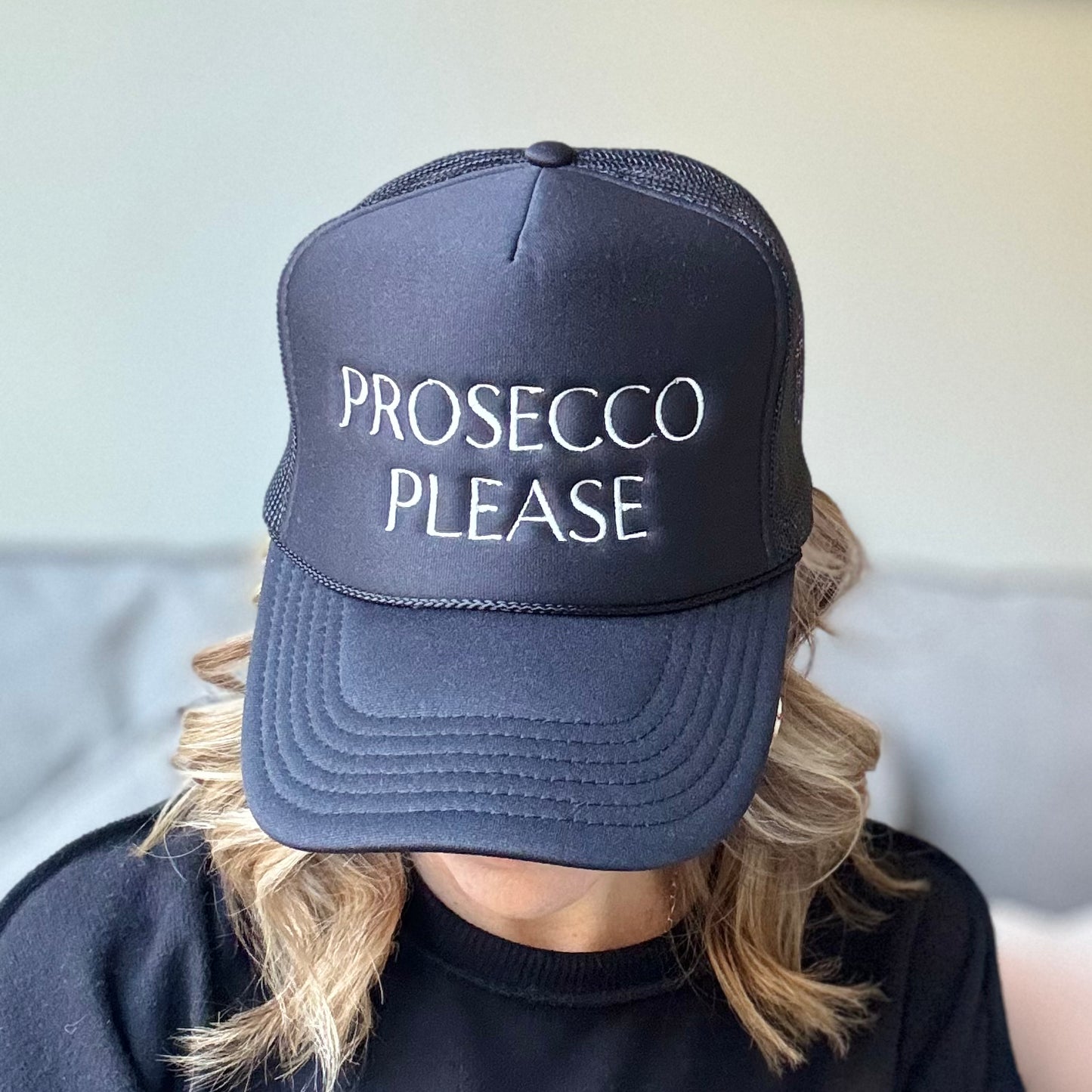 Black Prosecco Please Embroidered Mid Profile Trucker Hat great gift for girls trip or bachelorette party