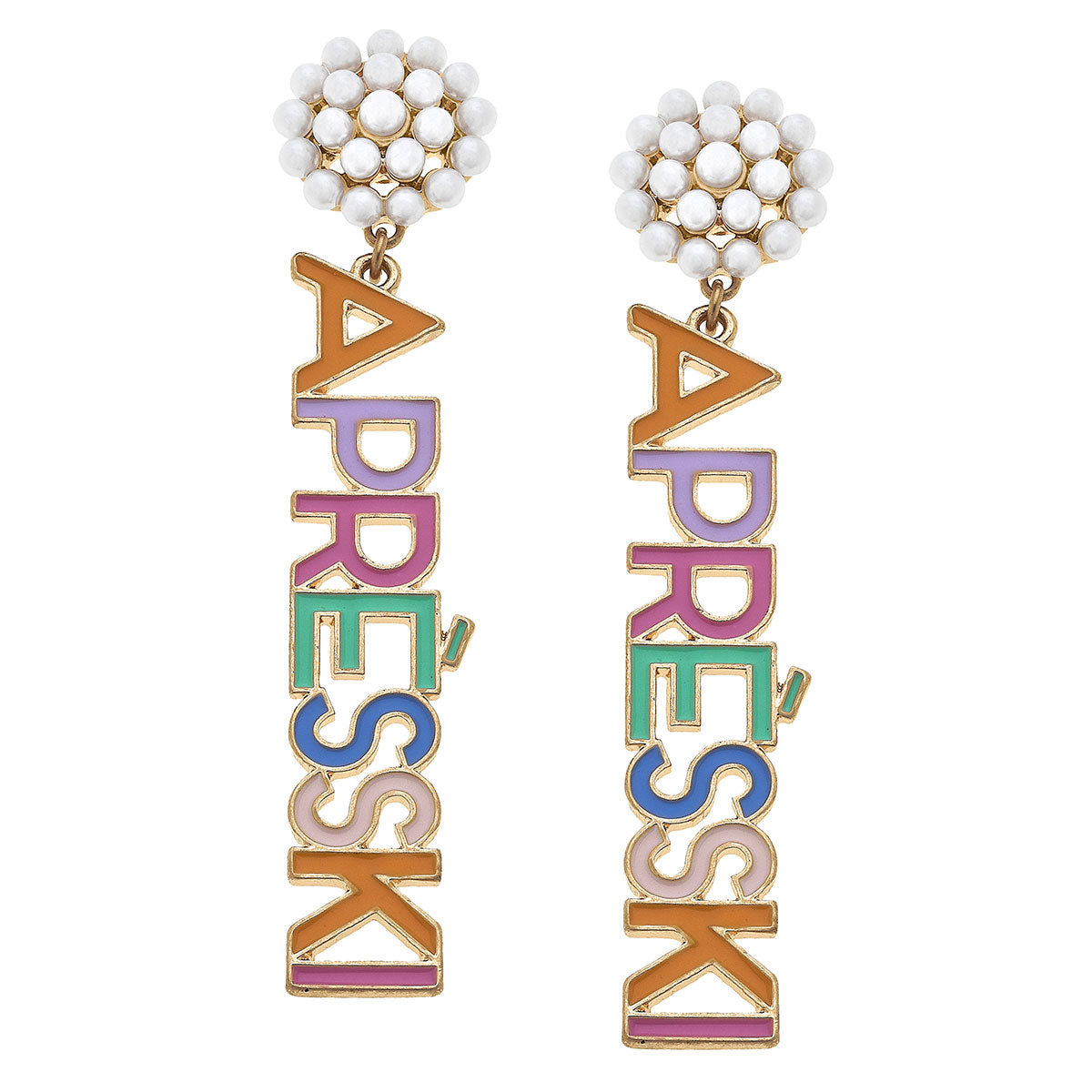 multi color apres ski earring with pearl clusters and gold accents