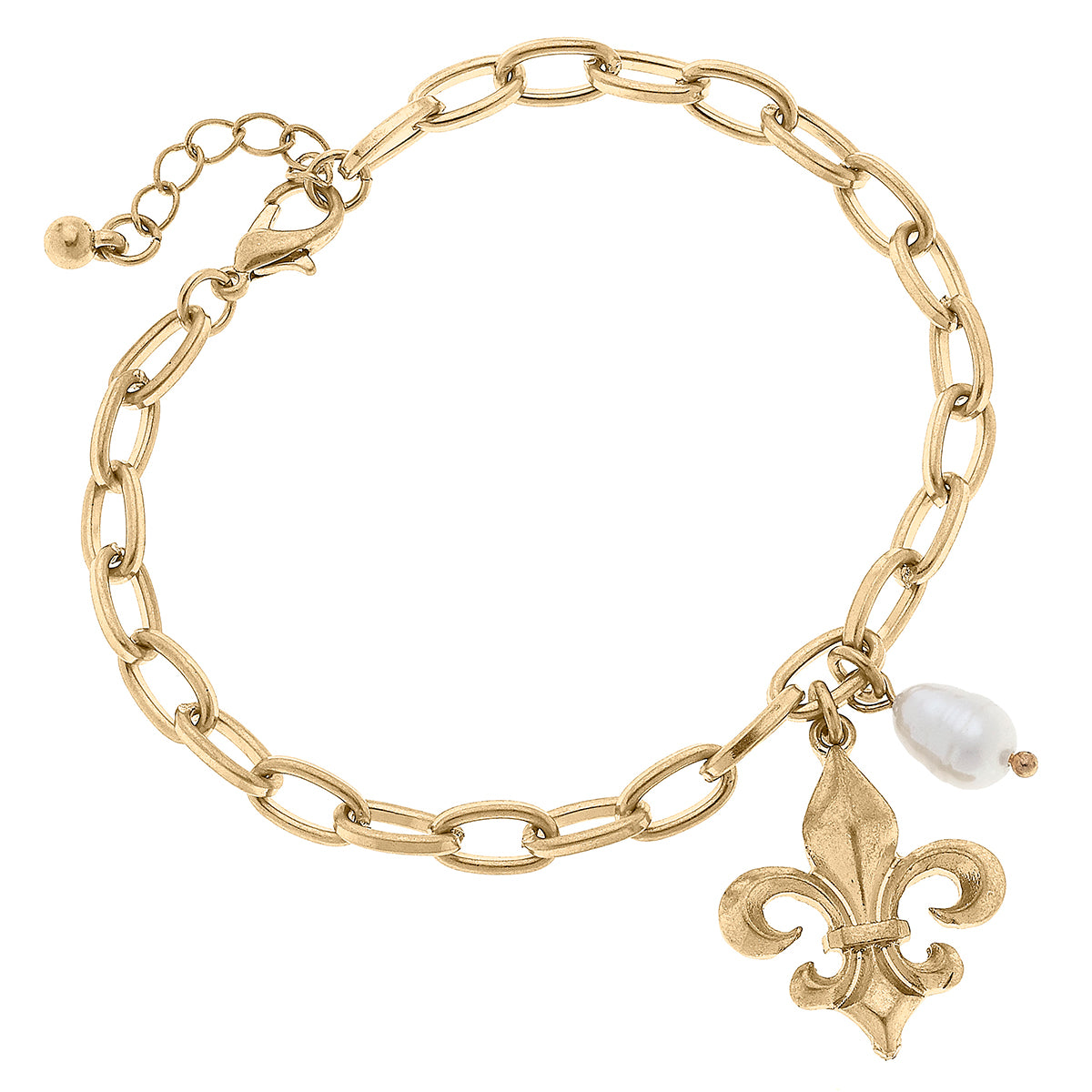 Gold chain bracelet with fleur de lis and pearl charms