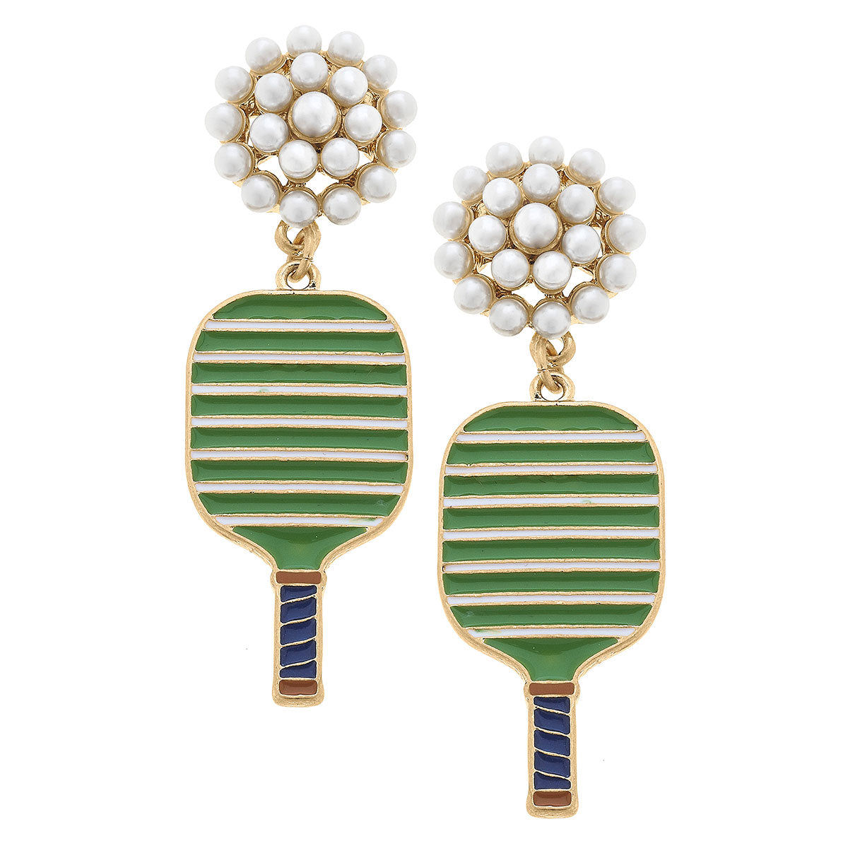 Pearl Cluster with gold metal green and ivory stripe Pickleball Paddle Drop Earrings
