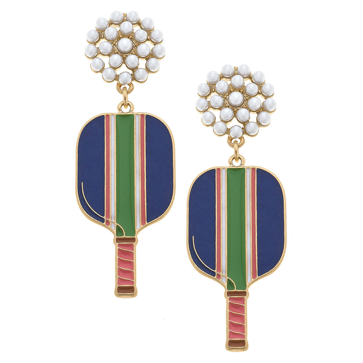 Pearl Cluster with gold metal green and navy stripe Pickleball Paddle Drop Earrings