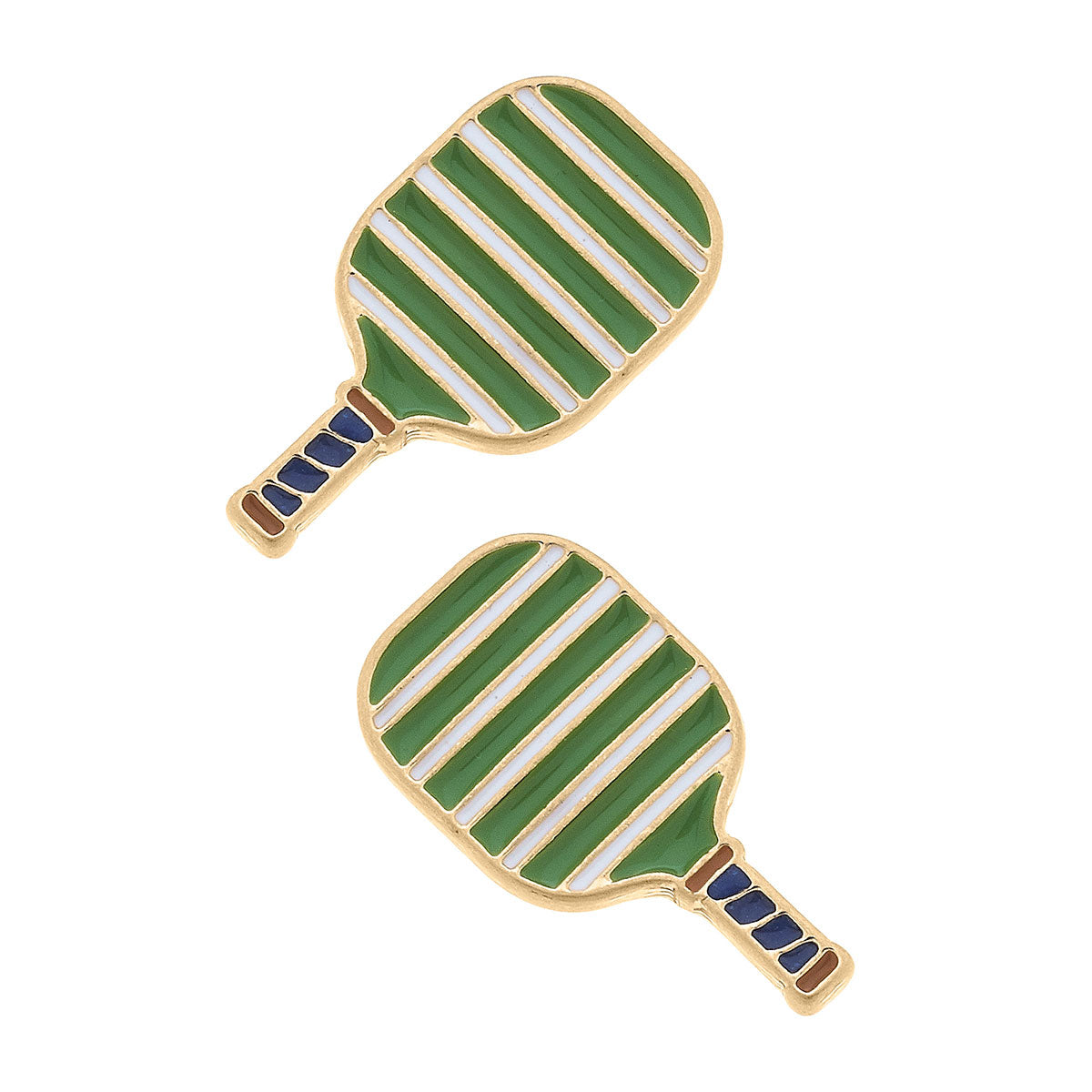 green and ivory striped pickleball paddle stud earrings with gold