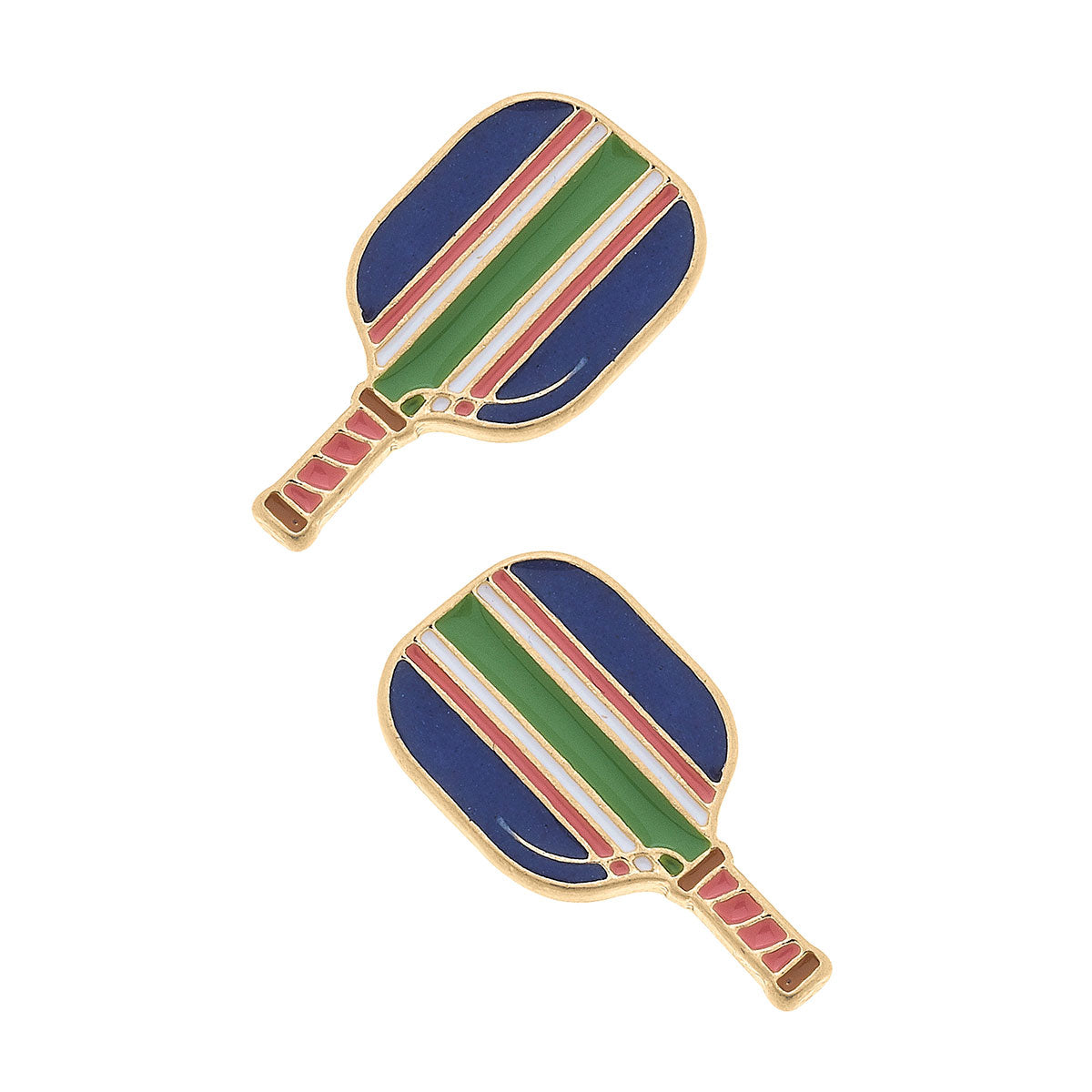 navy and green striped pickleball paddle stud earrings with gold